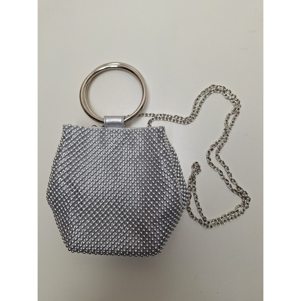 Silver Evening Purse Beaded Handbag Shimmery Mesh Design w/Double Handle - EXC!